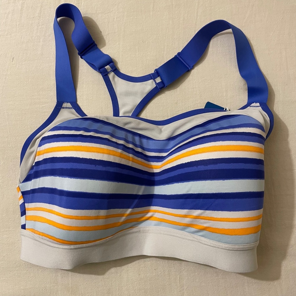 Brooks Dare Racerback Run Bra 32E Blue Orange Striped High Impact 350073 NEW